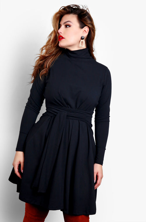 Black Turtleneck Long Sleeve Tie Front Skater Mini Dress Plus Sizes