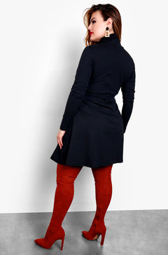 Black Turtleneck Long Sleeve Tie Front Skater Mini Dress Plus Sizes