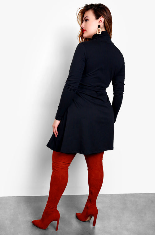 Black Turtleneck Long Sleeve Tie Front Skater Mini Dress Plus Sizes