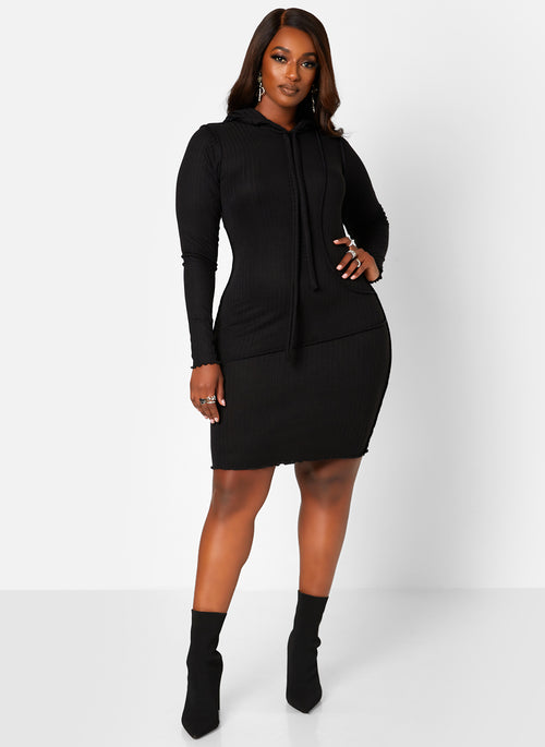 Top Tier Ribbed Exposed Seam Hooded Mini Bodycon Dress