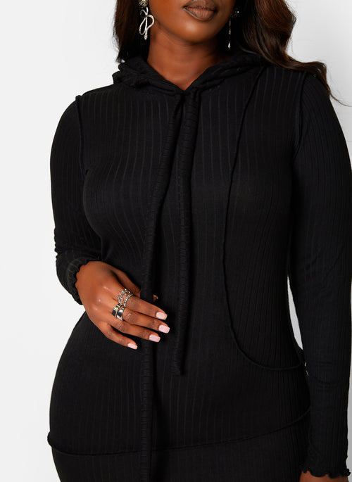 Top Tier Ribbed Exposed Seam Hooded Mini Bodycon Dress
