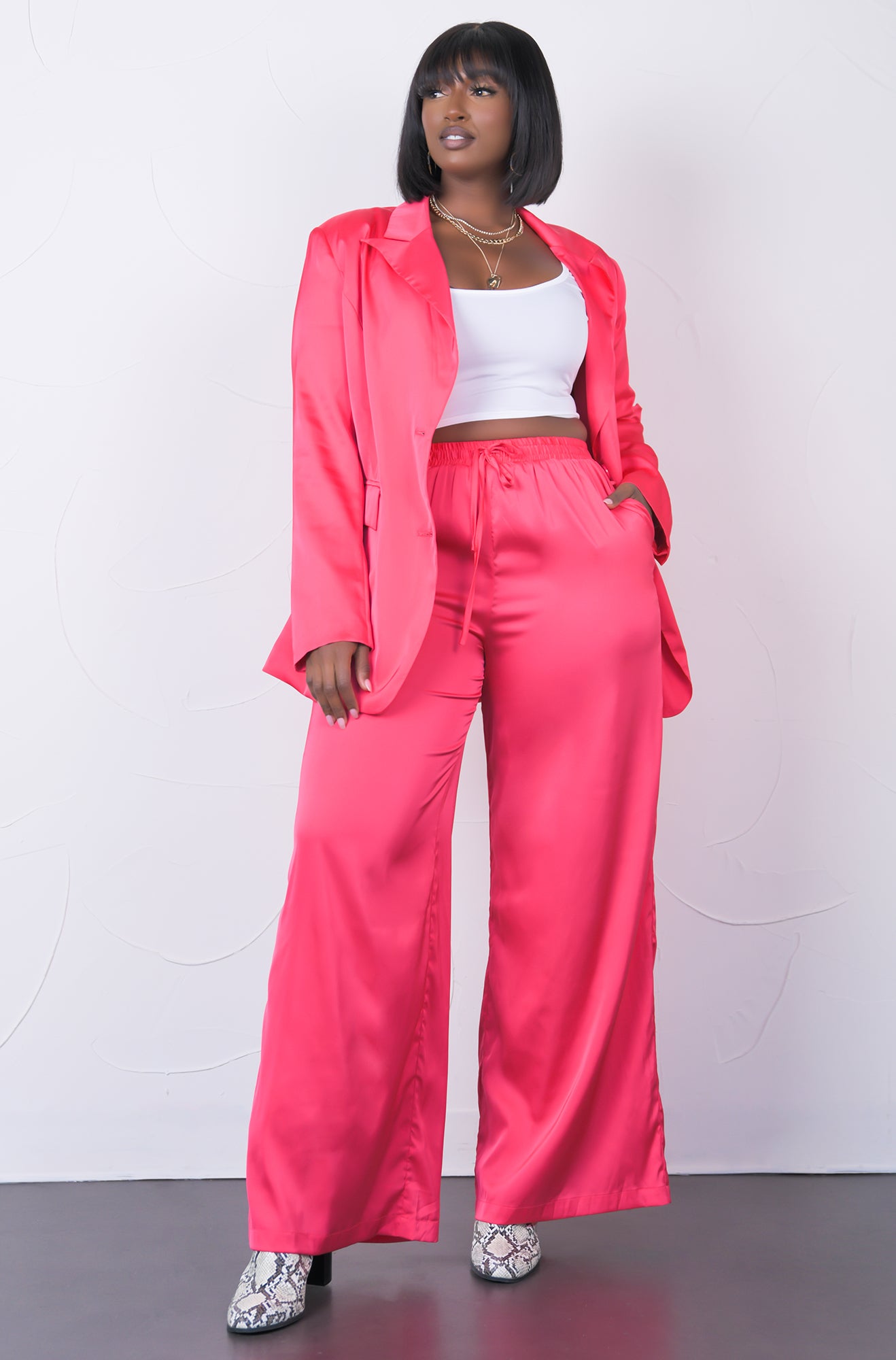 hot pink plus size satin wide leg pant and blazer set