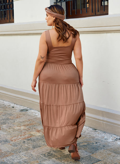 Unwind Tiered Maxi Skater Dress W. Turban - Mocha