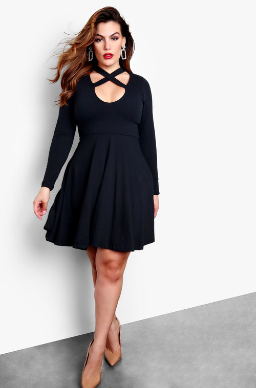 Black Plus Size Long Sleeve Criss Cross Cut Out Skater Mini Dress