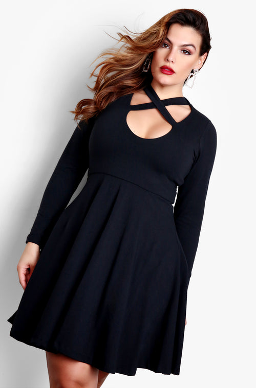 Black Plus Size Long Sleeve Criss Cross Cut Out Skater Mini Dress