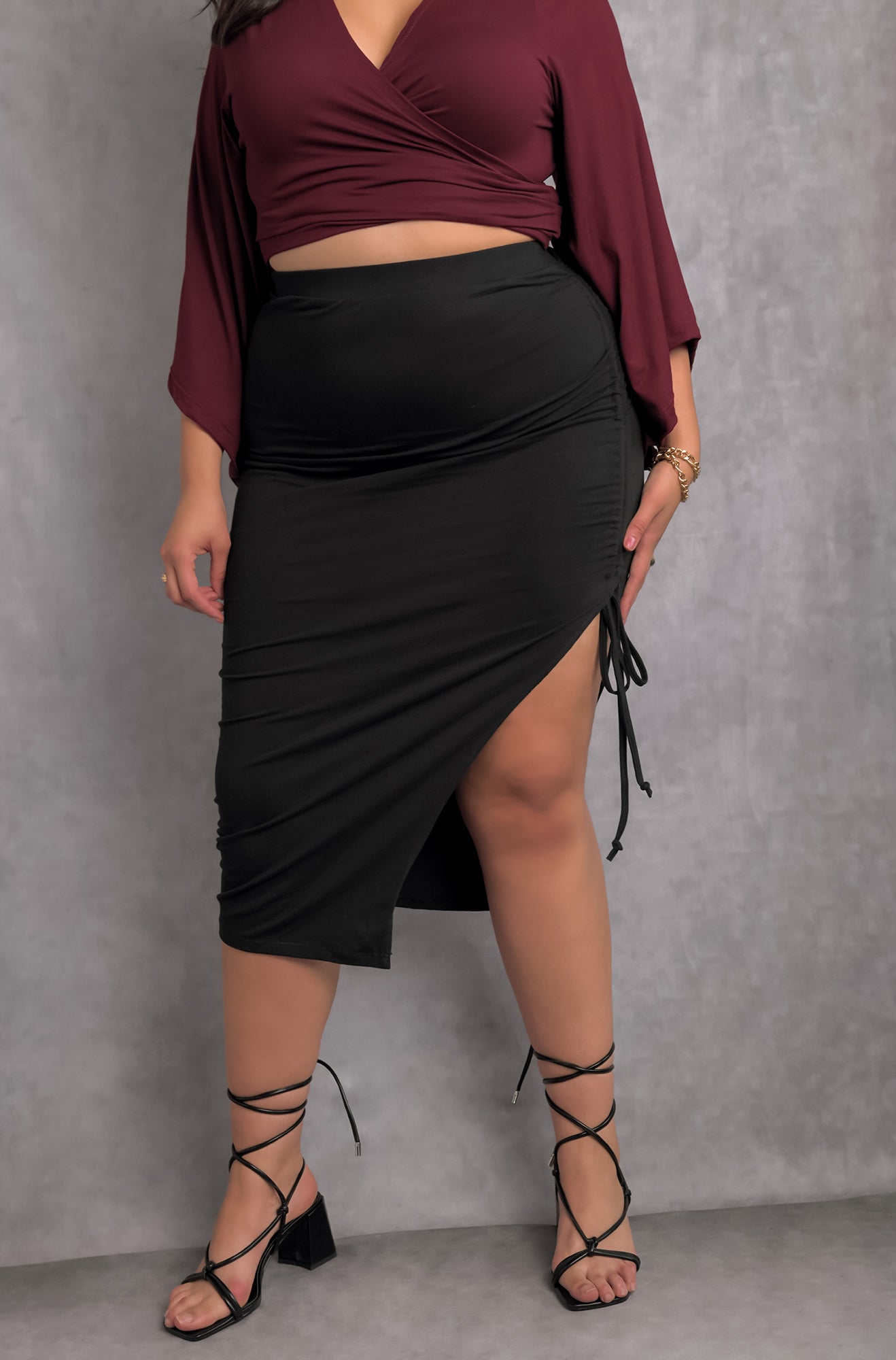 Black Ruched Midi Skirt Plus Sizes