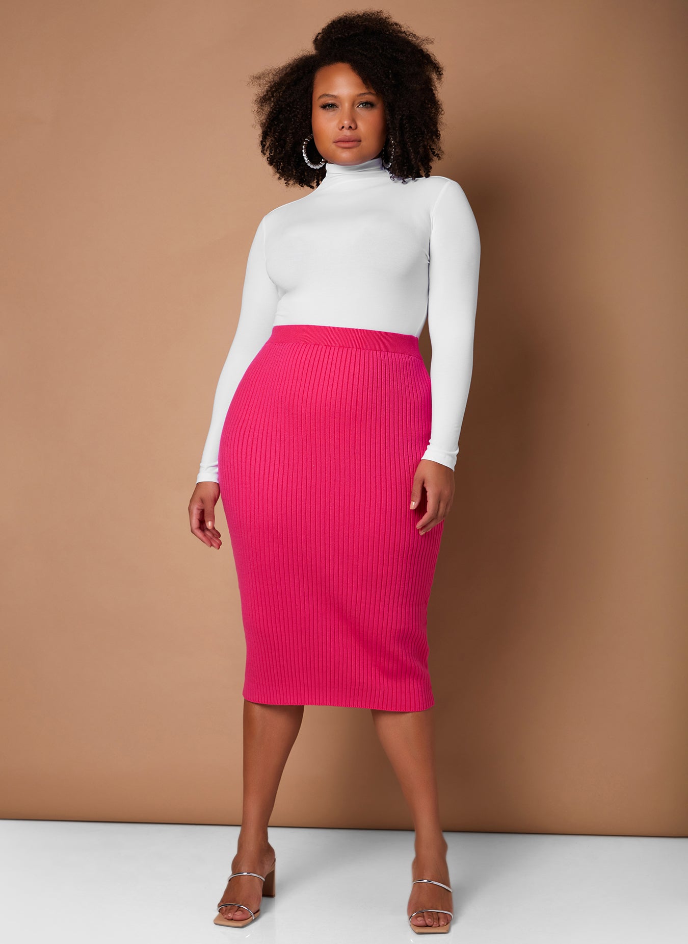 Fuchsia You Need Me Ribbed Midi Bodycon Skirt Plus Sizes