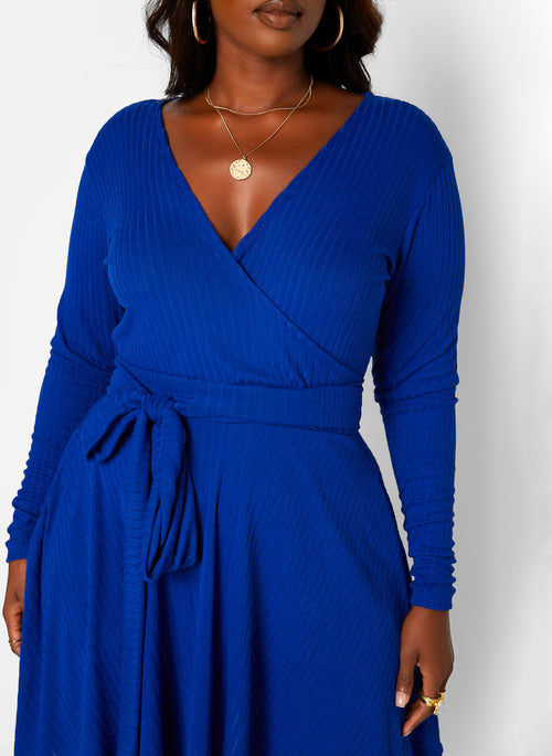 You Need This Ribbed Tie Waist Mini Skater Dress W. Pockets - Royal Blue