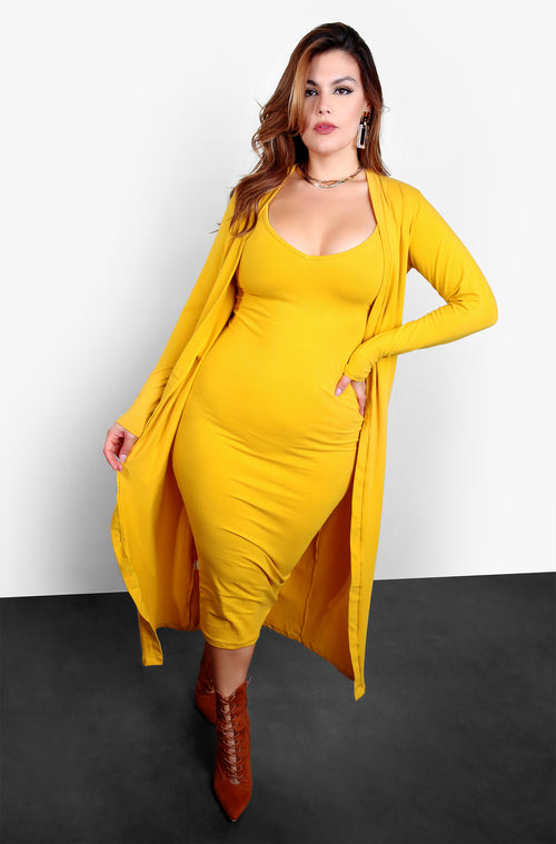 A Lot To Love V-Neck Midi Dress & Cardigan Set - Mustard