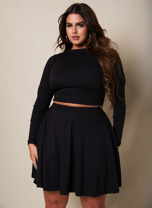 Afternoon Chill Ribbed Mini Skater Skirt W. Pockets