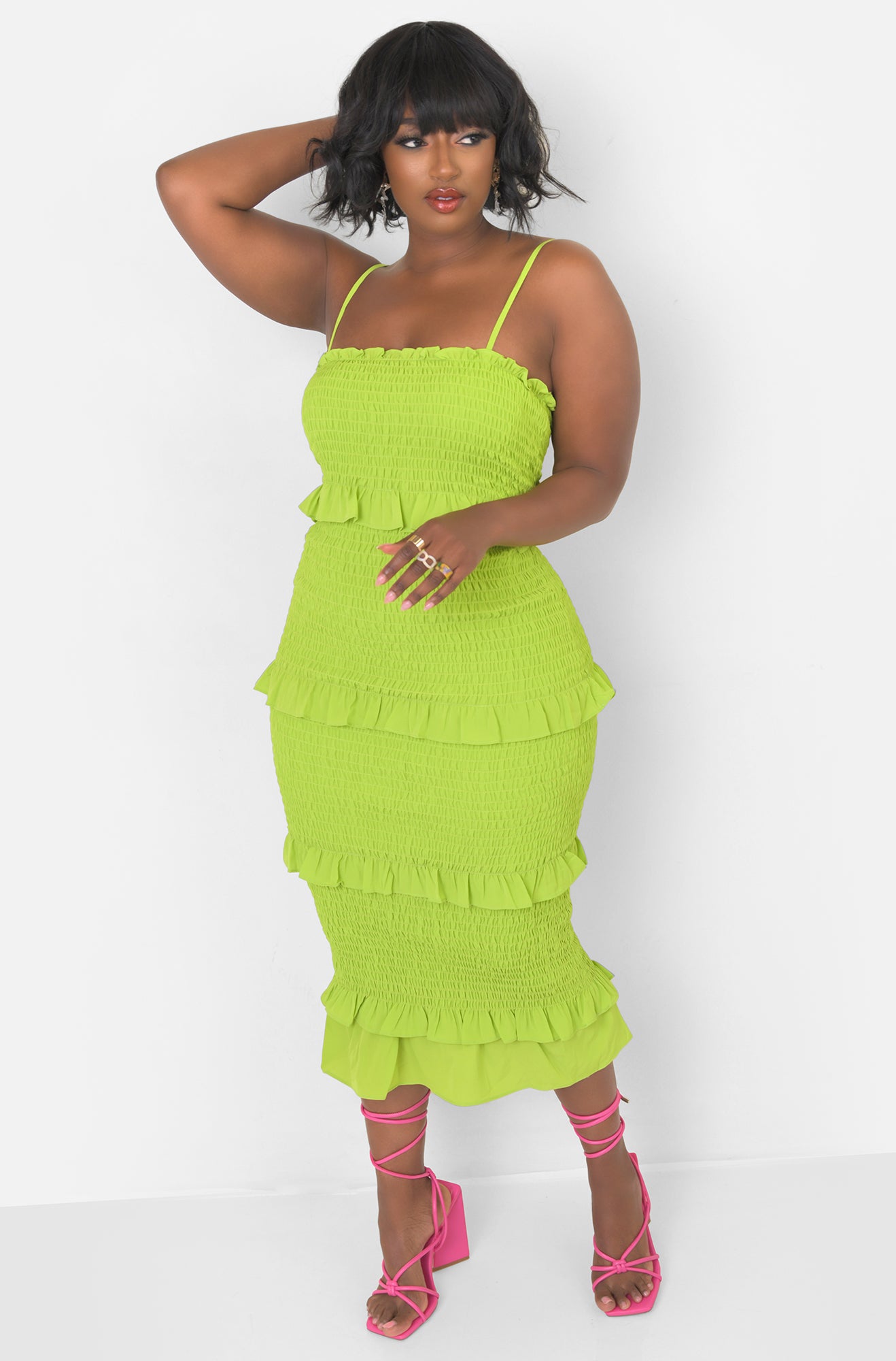 After Party Smocked Layered Ruffled Midi Bodycon Dress - Lime Green
