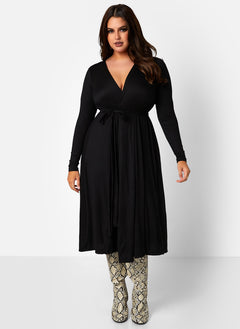 All At Once Wrap Skater Midi Dress - Black