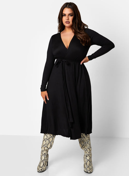 All At Once Wrap Skater Midi Dress - Black