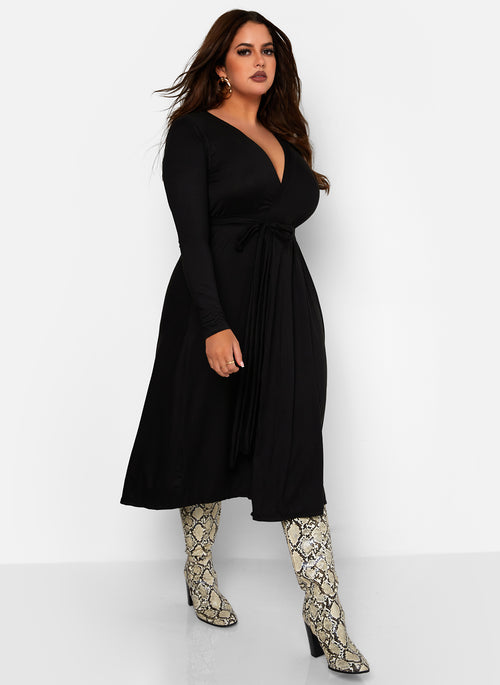 All At Once Wrap Skater Midi Dress - Black