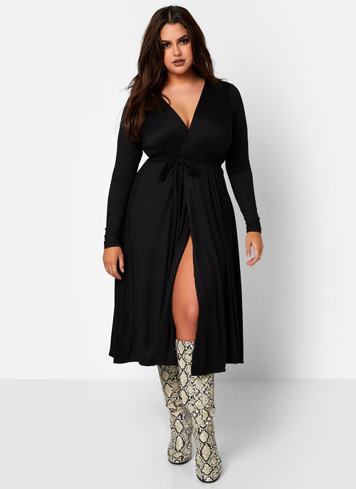 All At Once Wrap Skater Midi Dress - Black