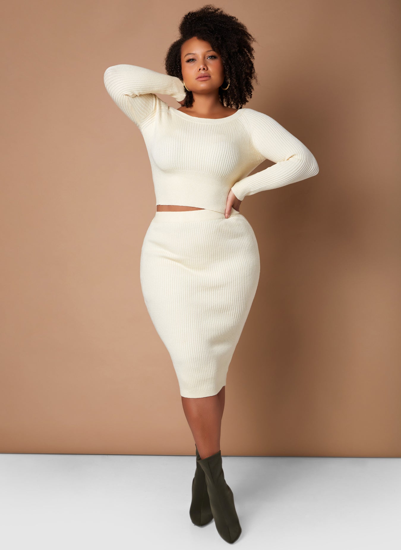 Cream All Inclusive Ribbed Midi Skirt Plus Sizes