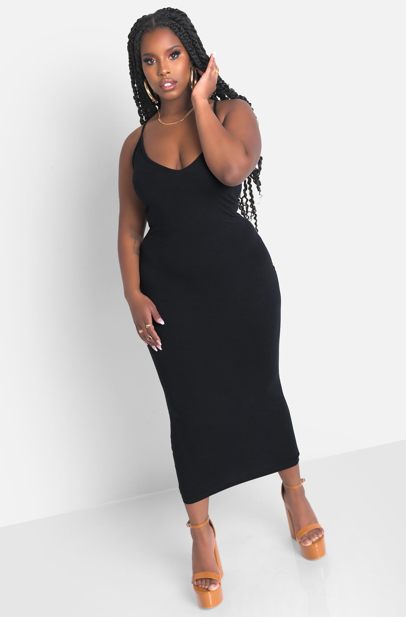 Black V-Neck Midi Dress & Cardigan Set Plus Sizes