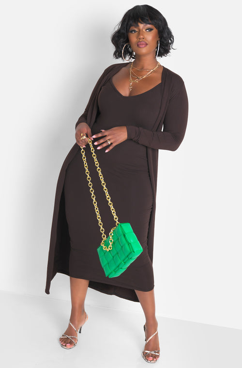 Brown V-Neck Midi Dress & Cardigan Set Plus Sizes