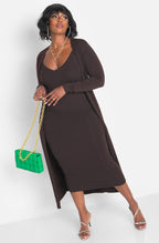 Brown V-Neck Midi Dress & Cardigan Set Plus Sizes