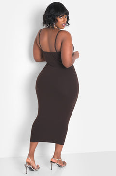 Brown V-Neck Midi Dress & Cardigan Set Plus Sizes