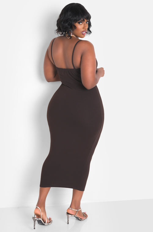 Brown V-Neck Midi Dress & Cardigan Set Plus Sizes