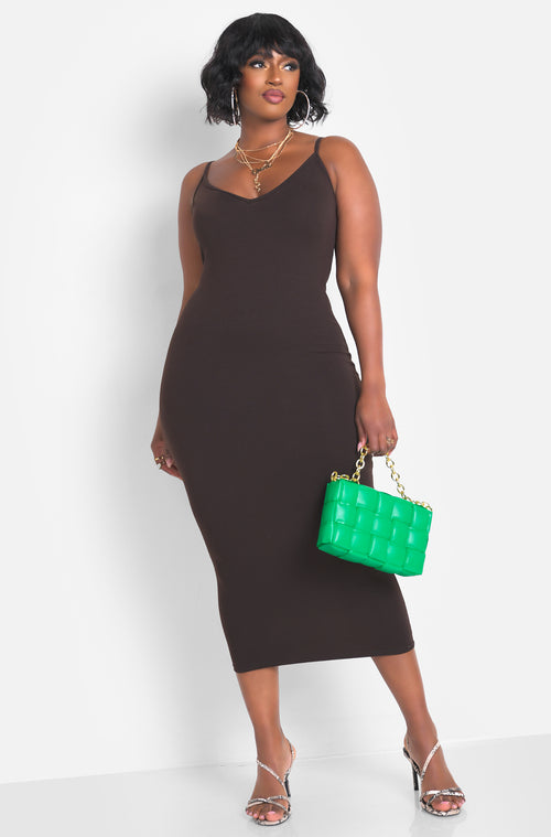 Brown V-Neck Midi Dress & Cardigan Set Plus Sizes