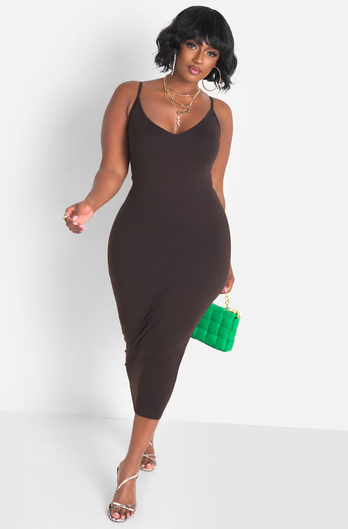 Brown V-Neck Midi Dress & Cardigan Set Plus Sizes