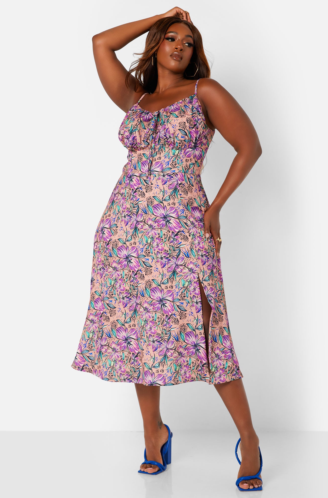 Pink Always Charming Floral Tie Front Midi A Line Dress Plus Sizes