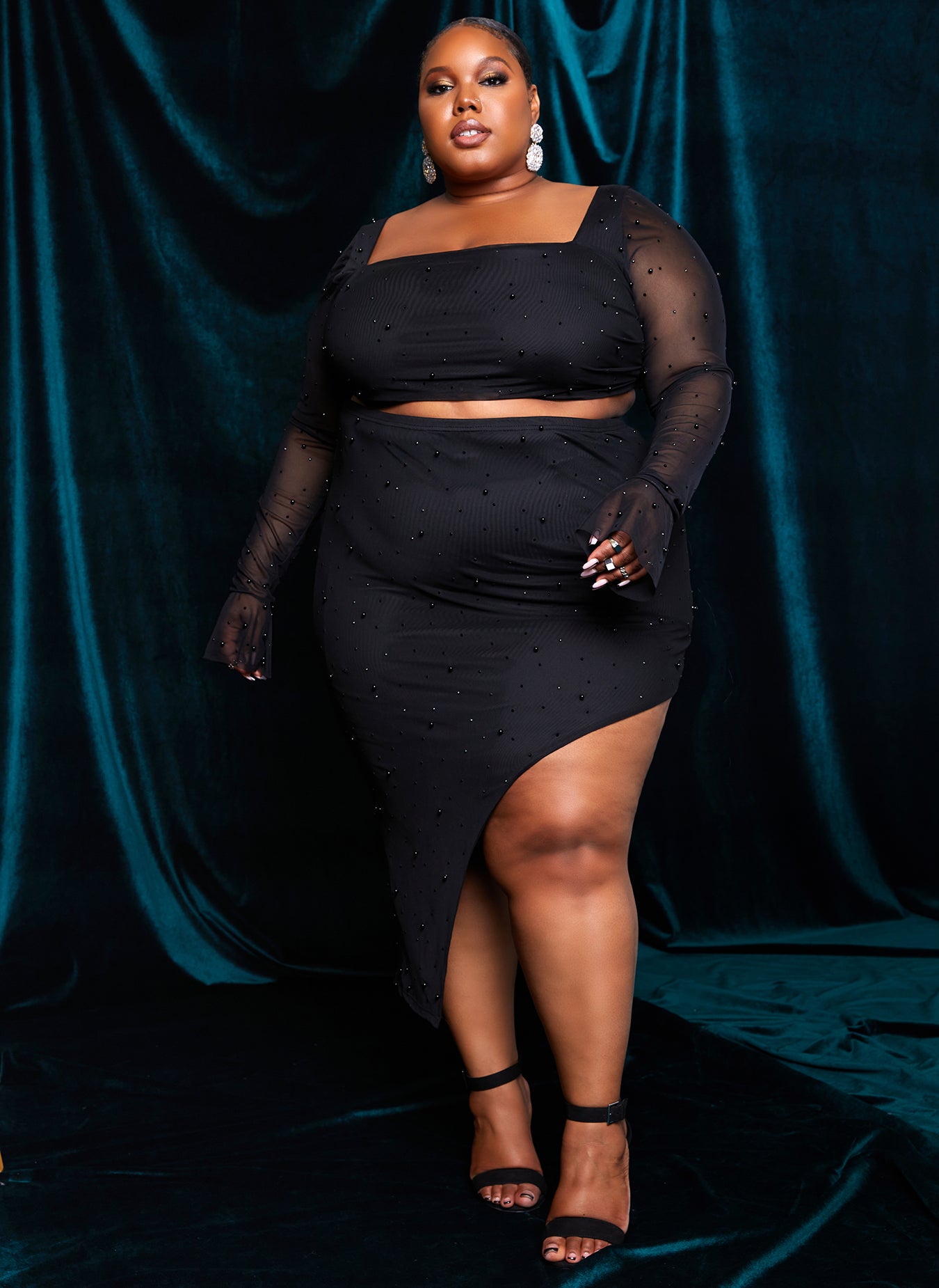 Black At Midnight Beaded Mesh Bell Sleeve Crop Top Plus Sizes