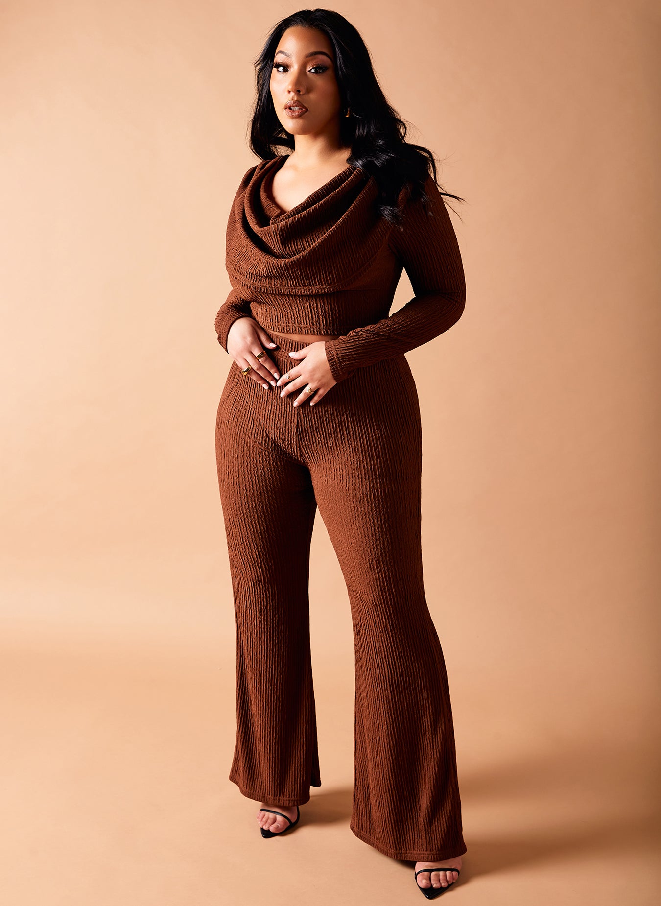 Brown Awestruck Plisse Cowl Neck Blouse Plus Sizes