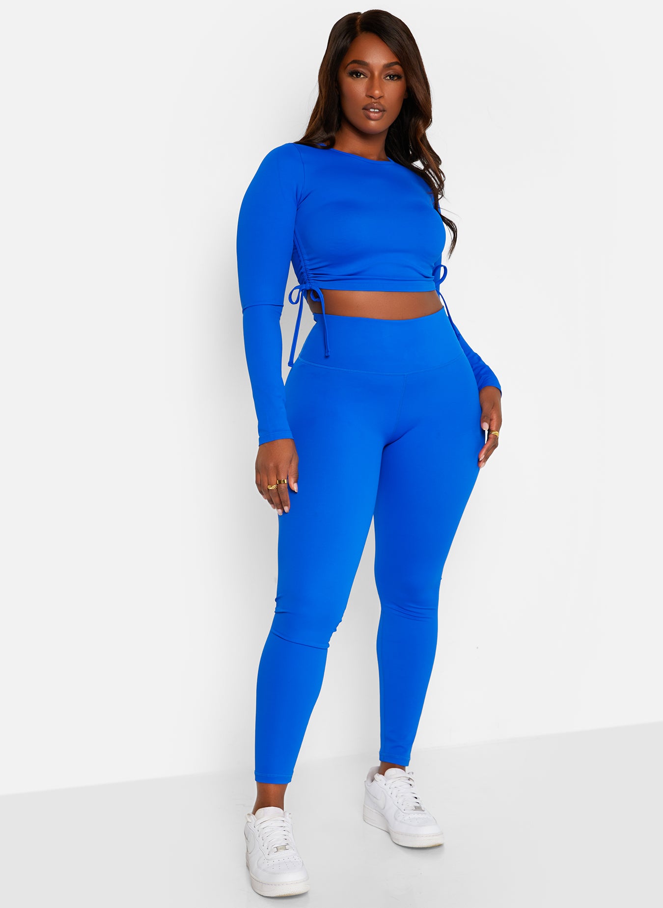 Royal Blue Back It Up Ruched Long Sleeve Sports Crop Top Plus Sizes