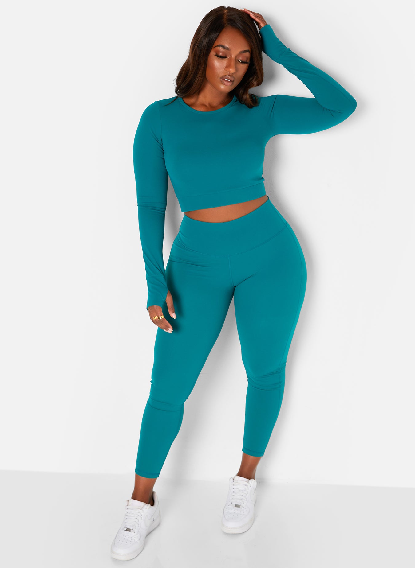 Teal Bad Habits Long Sleeve Sports Crop Top Plus Sizes