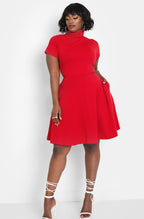 Dark Red Turtleneck Skater Mini Dress w. Pockets Plus Sizes