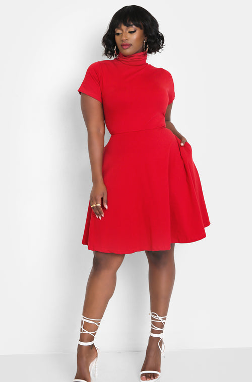 Dark Red Turtleneck Skater Mini Dress w. Pockets Plus Sizes
