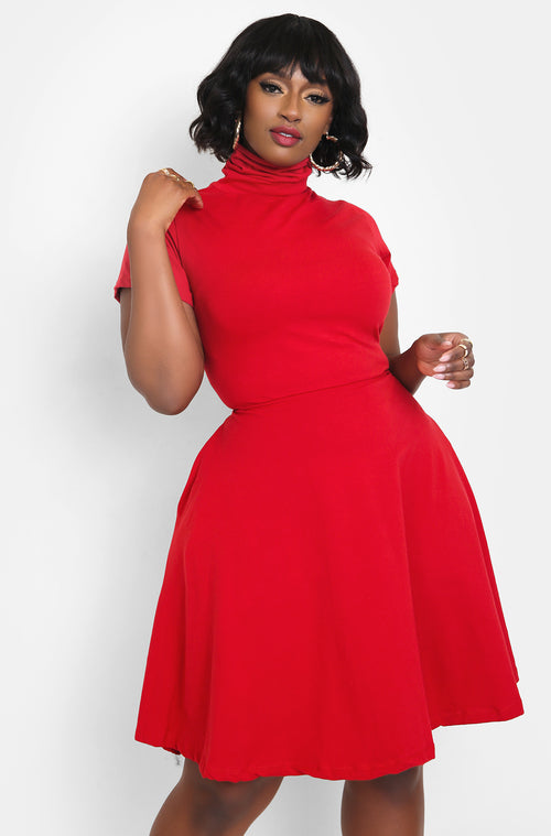 Dark Red Turtleneck Skater Mini Dress w. Pockets Plus Sizes