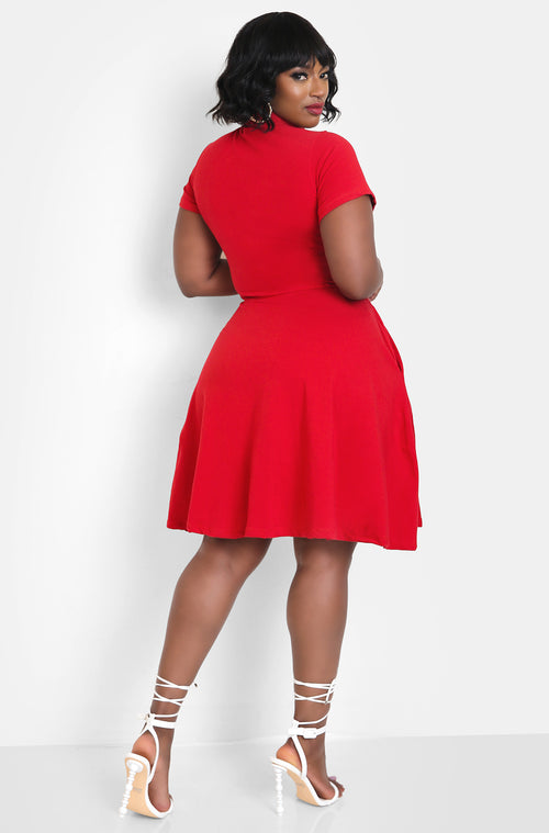 Dark Red Turtleneck Skater Mini Dress w. Pockets Plus Sizes