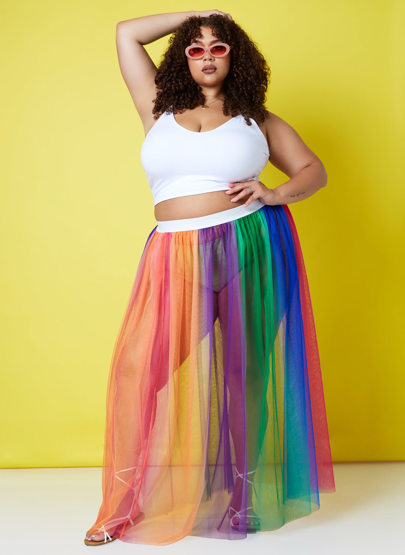 Multicolor Bright Side Sheer Rainbow Maxi Skater Skirt Plus Sizes