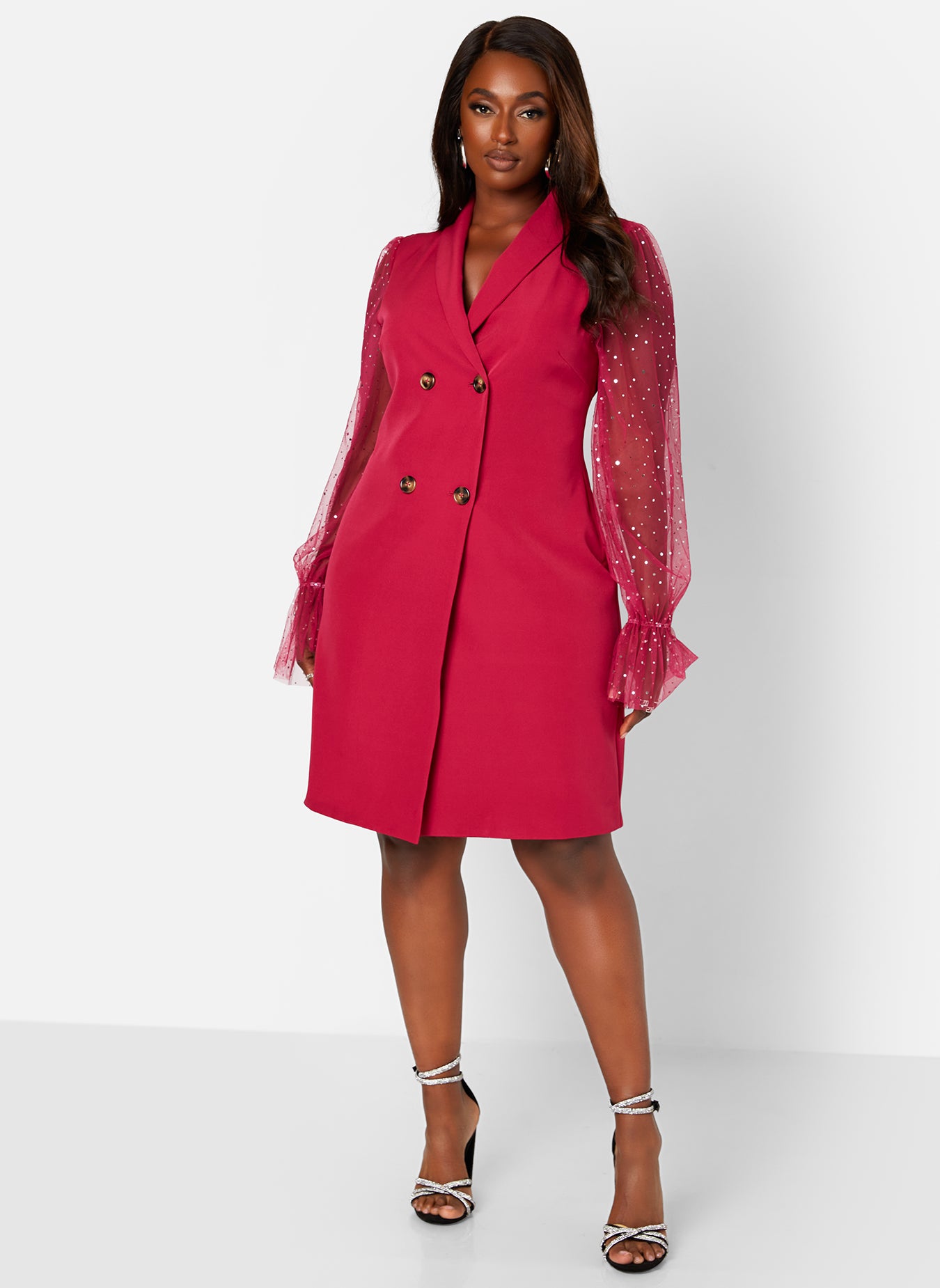 Fuchsia Bringing It Back Mesh Sleeve Mini Blazer Dress Plus Sizes