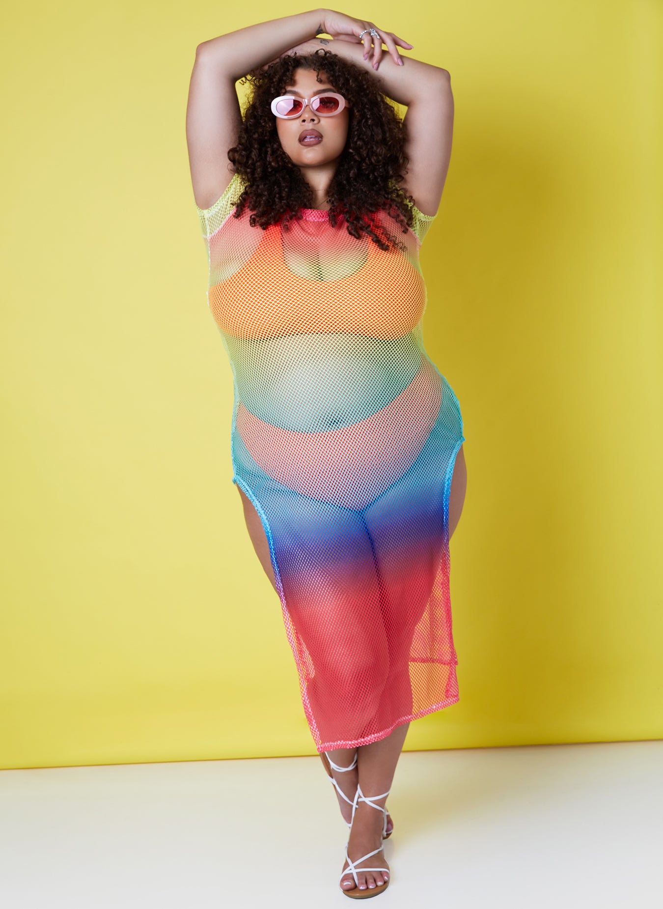 Multicolor Catch Me Out Rainbow Fishnet Side Slit Maxi Bodycon Dress Plus Sizes