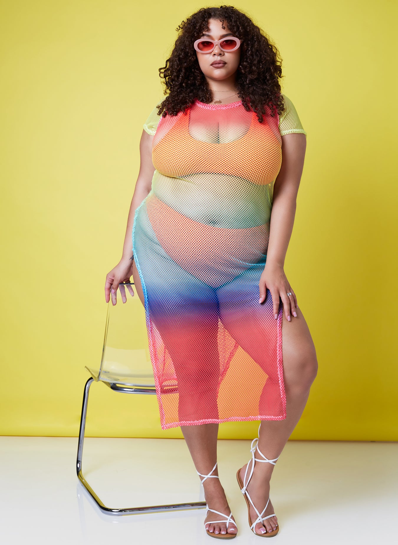 Multicolor Catch Me Out Rainbow Fishnet Side Slit Maxi Bodycon Dress Plus Sizes