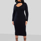 Black Caught You Keyhole Long Sleeve Bodycon Midi Dress