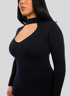 Black Caught You Keyhole Long Sleeve Bodycon Midi Dress