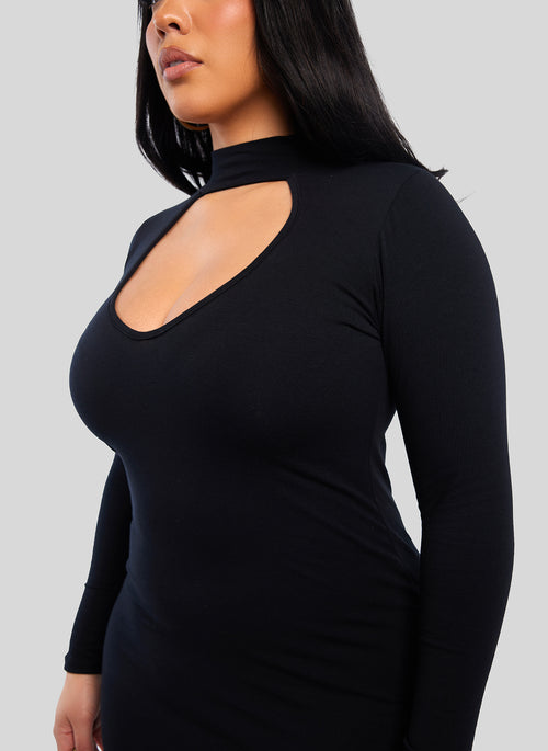 Black Caught You Keyhole Long Sleeve Bodycon Midi Dress