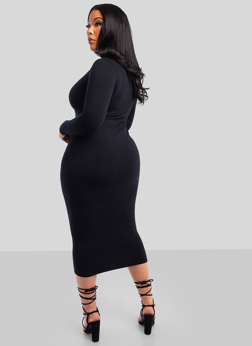 Black Caught You Keyhole Long Sleeve Bodycon Midi Dress