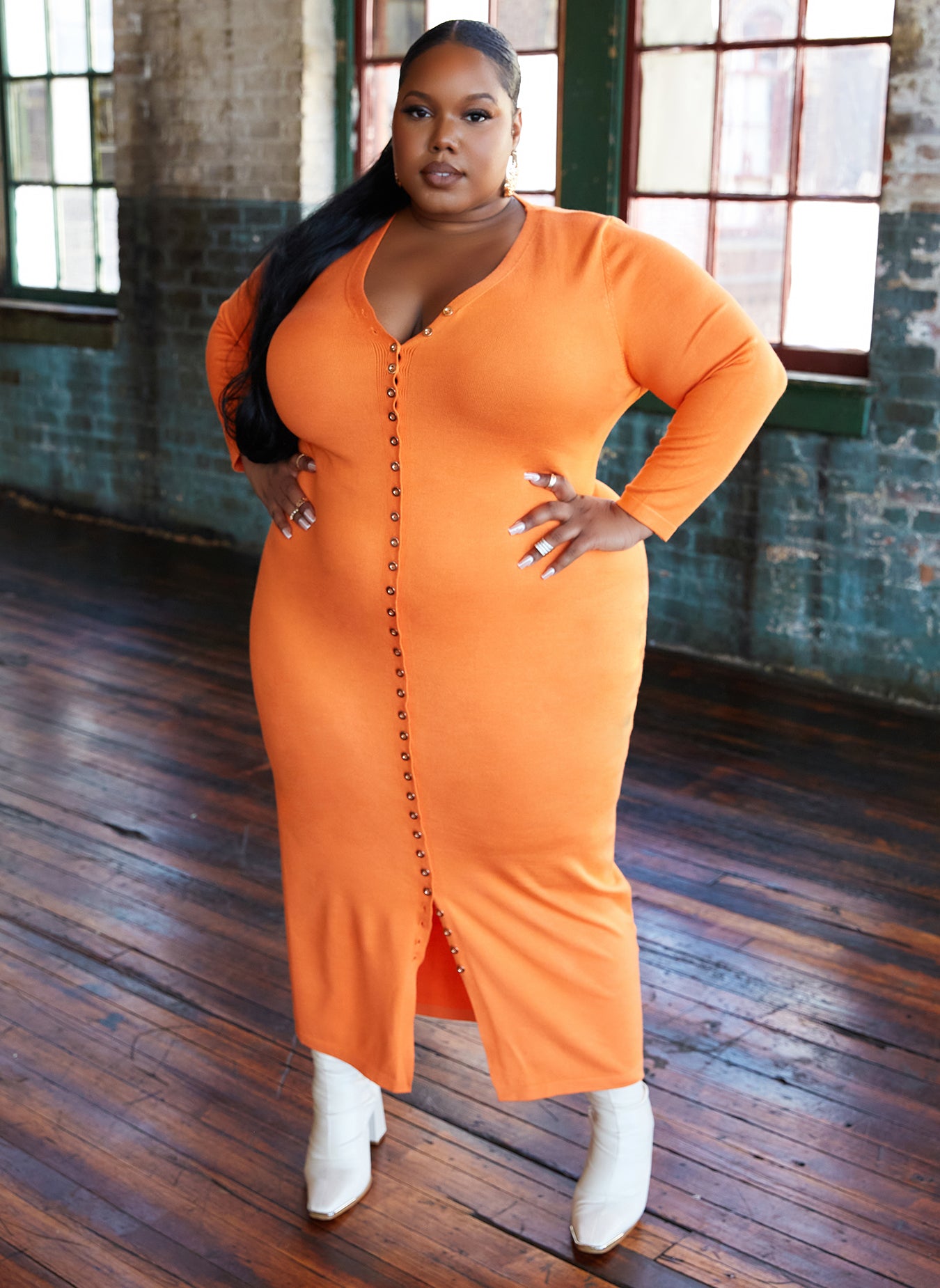 Orange Celine Button Down Sweater Maxi Dress Plus Sizes