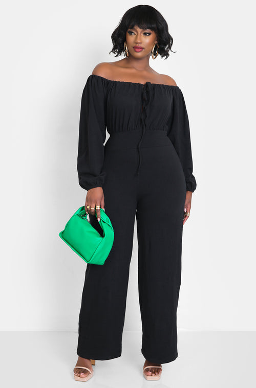 Black Plus Size Tie Front Long Sleeve Jumpsuit