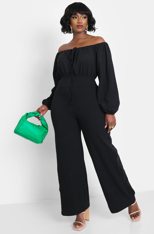 Black Plus Size Tie Front Long Sleeve Jumpsuit