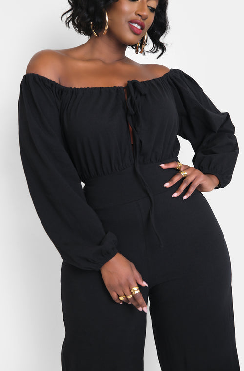 Black Plus Size Tie Front Long Sleeve Jumpsuit