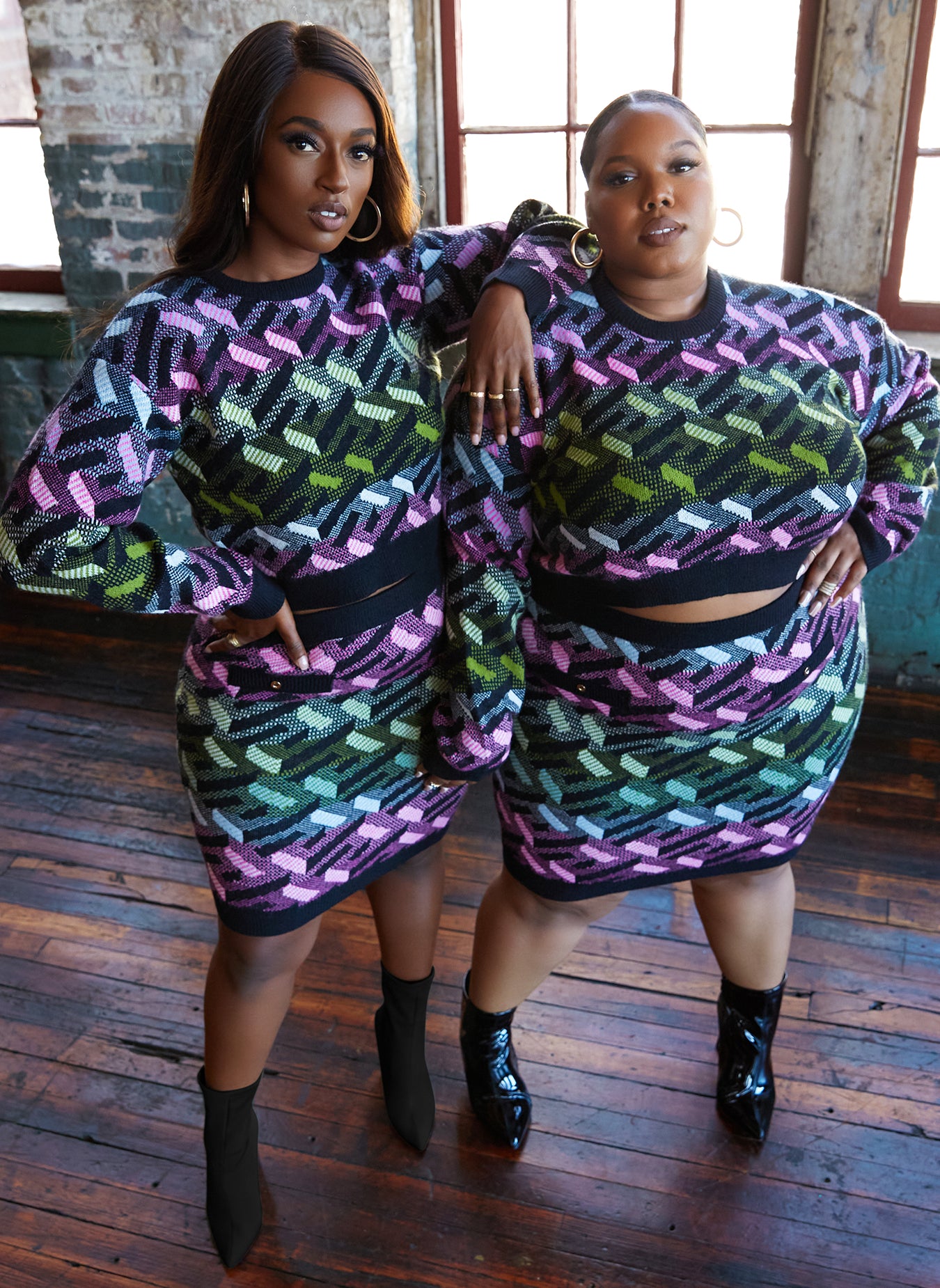 Black Charisma Geometric Print Sweater Mini Bodycon Skirt Plus Sizes
