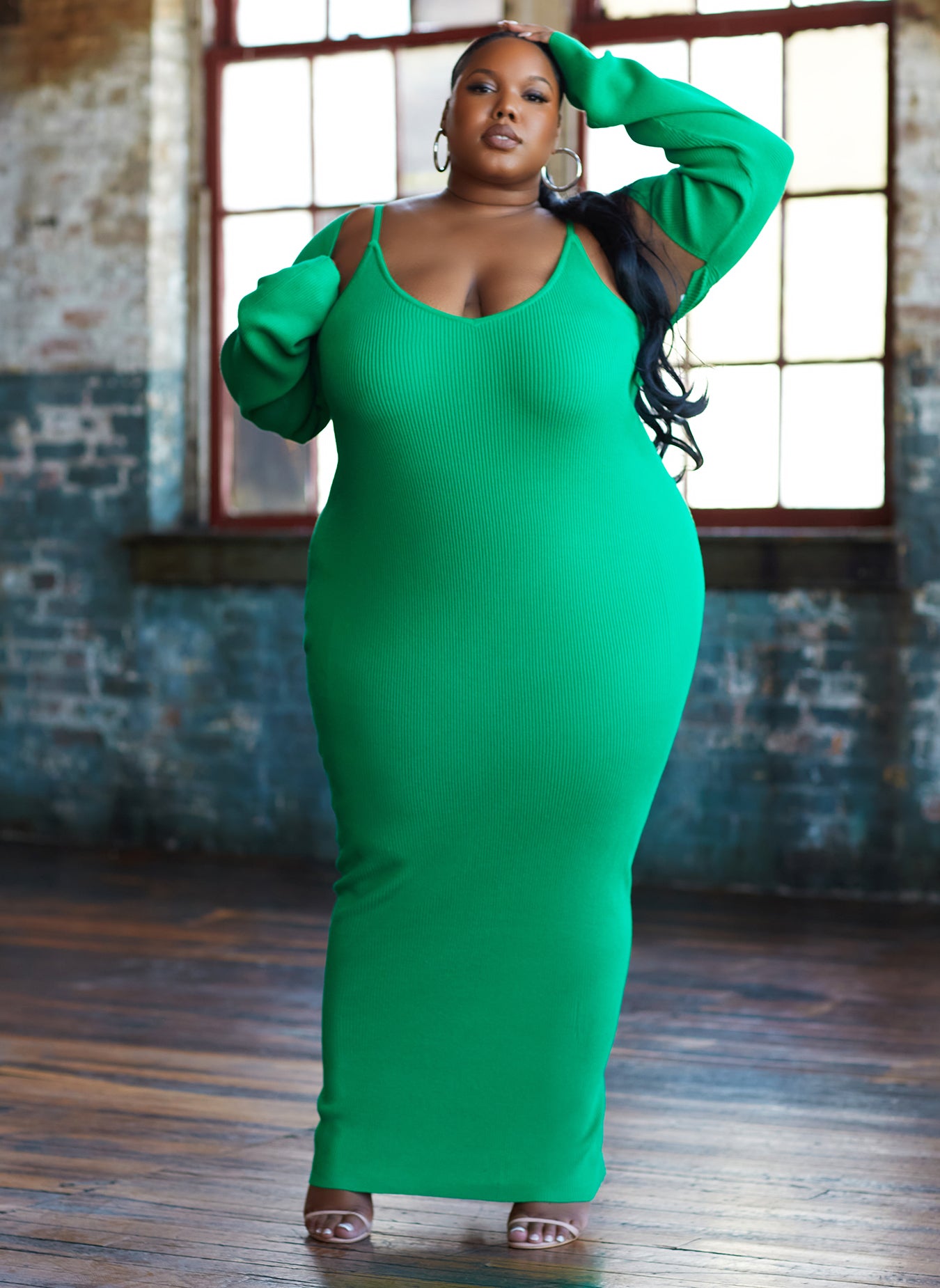 Green Curves Ahead Sweater Maxi Bodycon Dress & Cropped Cardigan Set Plus Sizes